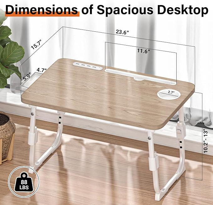 Lap Desk for Bed, Adjustable Laptop Desk with USB Charging Port, Storage Drawer & Bookshelf — Foldable Bed Desk for WFH & Students, 23.6" Desktop Fits 18" Laptop, Non-Slip, Glacier - Image 4