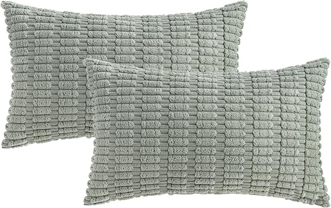 MIULEE Pack of 2 Spring Corduroy Decorative Lumbar Throw Pillow Covers 20x12 Inch Soft Boho Striped Pillow Covers Modern Farmhouse Home Decor for Summer Sofa Living Room Couch Bed Greyish Green - Image 6