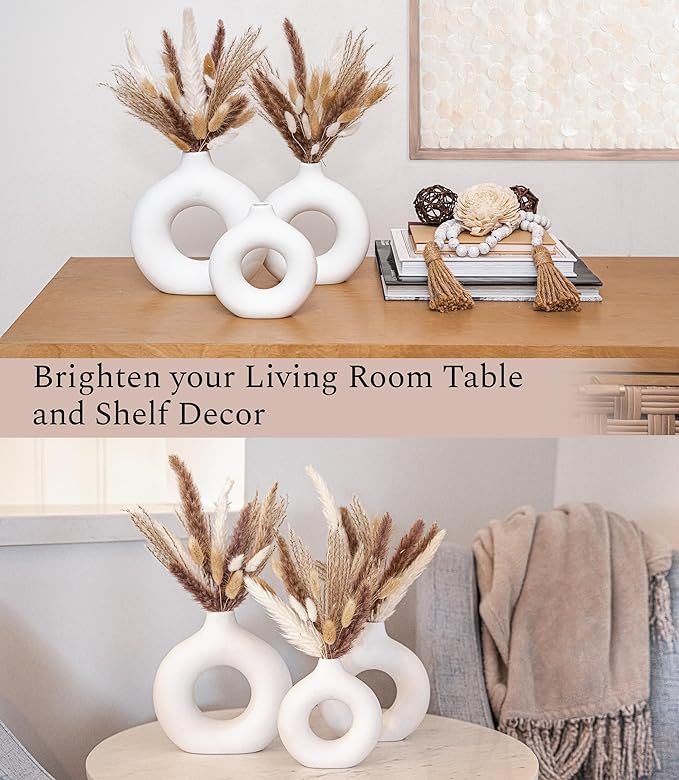 VELOVA Set of 3 White Ceramic Vase with 65 PCS Dried Pampas Grass Flowers Aesthetic Boho Modern Small Round Cute Vases for Decor Living Room Coffee Table Shelf Bedroom Office Desk Home Gifts Women Mom - Image 4