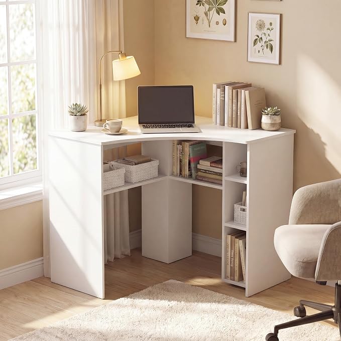 GOFLAME White Corner Desk with Charging Station, Small Corner Desk with Storage Shelves, Triangle Computer Desk, Study Writing Table for Home Office, Small Spaces by GOFLAME