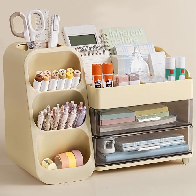 HBlife Desk Organizer with Pen Pencil Holder for Desk, Pen Organizer with 2 Drawers, Desk Organizers and Accessories with 4 Compartments, Desktop Storage for Office Home School Art Supplies, Beige by HBlife