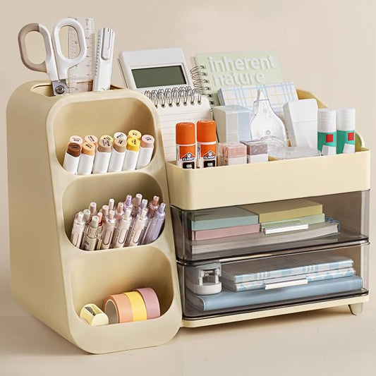 HBlife Desk Organizer with Pen Pencil Holder for Desk, Pen Organizer with 2 Drawers, Desk Organizers and Accessories with 4 Compartments, Desktop Storage for Office Home School Art Supplies, Beige by HBlife