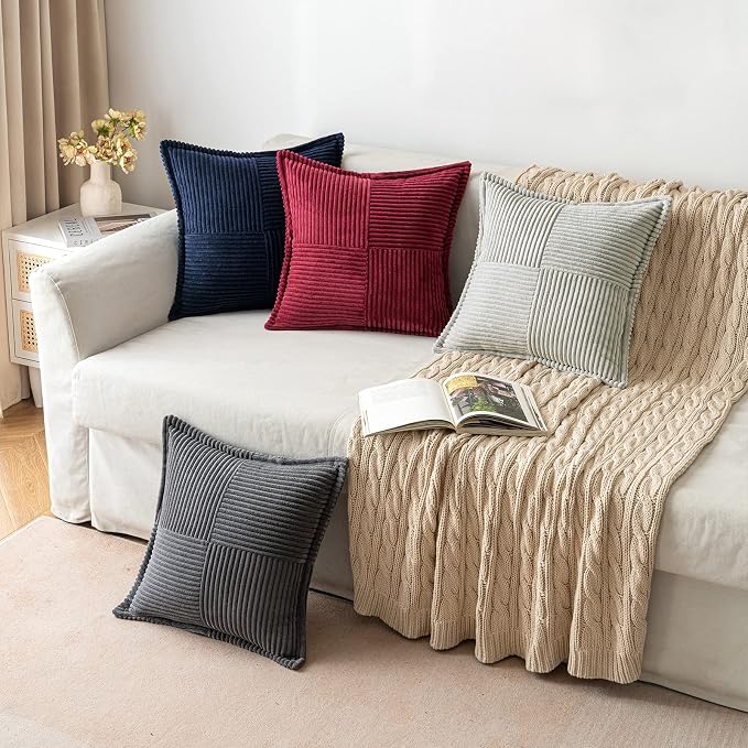 MIULEE Navy Blue Corduroy Decorative Euro Sham Pillow Covers 24x24 Inch with Splicing Set of 2 Soft Boho Pillow Covers Broadside Textured Summer Coastal Pillowcases for Couch Bed Livingroom - Image 5