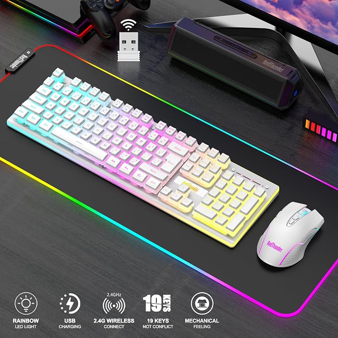 RedThunder K10 Wireless Gaming Keyboard and Mouse Combo, RGB Backlit Rechargeable 3800mAh Battery, Mechanical Feel Anti-ghosting Keyboard + 7D 3200DPI Mice for PC Gamer(White Pudding) - Image 2