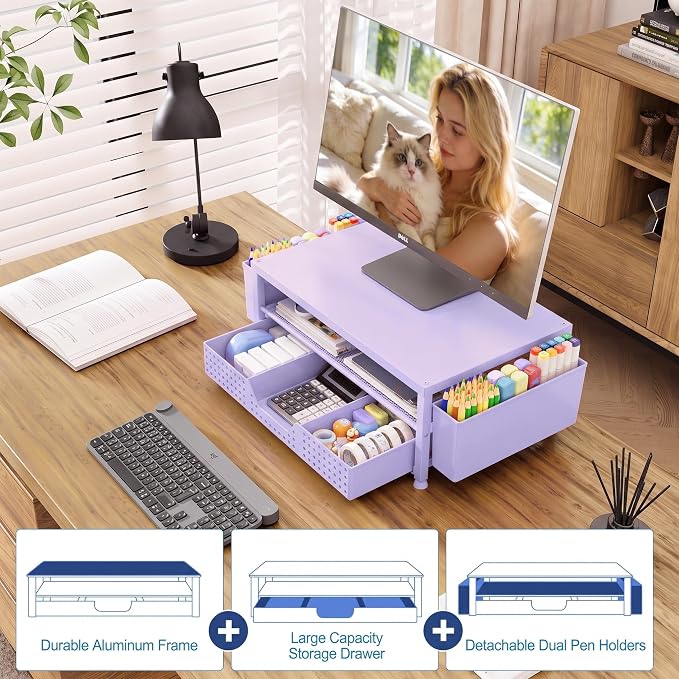 OPNICE Desk Organizers and Accessories, 2-Tier Computer Monitor Stand Riser with Drawer and 2 Pen Holders, Laptop Stand, Office Desk Accessories for Office Supplies, Purple - Image 5