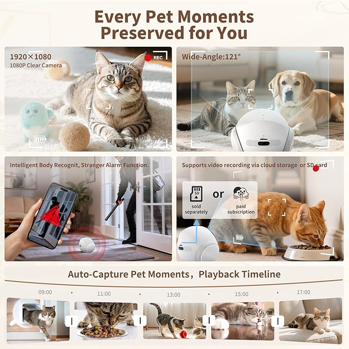 1080P Moving Pet Robot Camera, Smart Home Security Robot with Auto Tracking, Night Vision, 2-Way Audio, Auto-Recharge, Motion Alerts, App Control for Pet, Baby & Elderly Care - Image 3