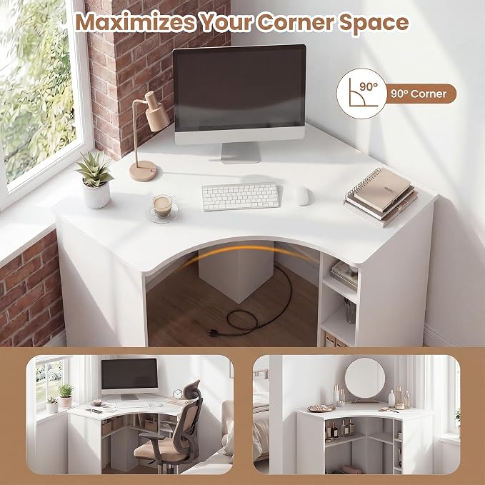 GOFLAME White Corner Desk with Charging Station, Small Corner Desk with Storage Shelves, Triangle Computer Desk, Study Writing Table for Home Office, Small Spaces - Image 6