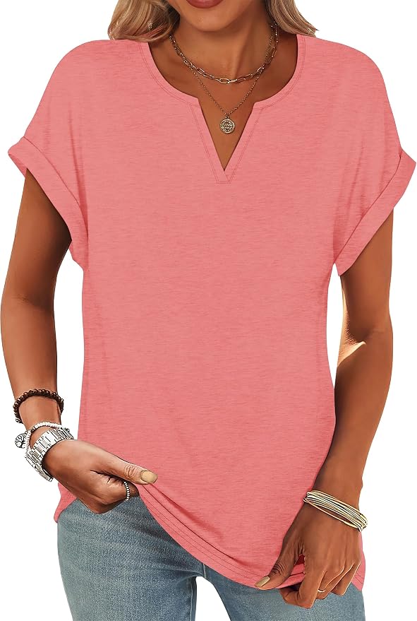 Womens Tops Dressy Casual V Neck Rolled Sleeve T Shirts Fashion Clothing Business Casual Outfits Beach Vacation Clothes - Image 2