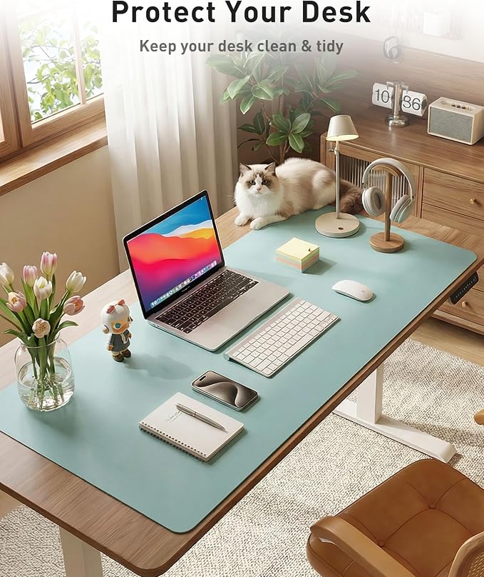 Aothia Faux Leather Desk Mat - Large Mouse Pad, Non-Slip PU Leather Blotter, Waterproof Writing Surface for Office and Home (Blue Topaz, 42" x 17") - Image 3