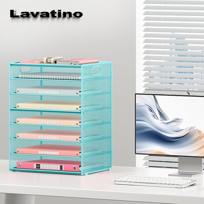 Lavatino 8-Tier Office Desk File Organizer, Letter Tray Paper Organizer with Handle, Including 5 Adjustable Slide Trays for Organizing Desktop Workspace Accessories and Supplies (Blue Metal Mesh) - Image 7