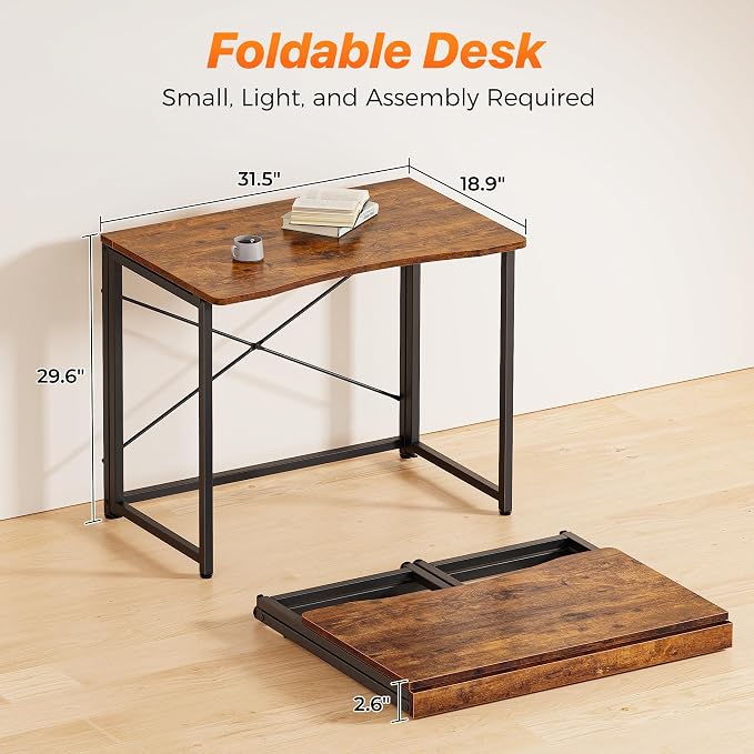 Huuger Folding Desk for Small Spaces, 31.5 Inch Foldable Computer Table, Easy Assembly, for Home Office, Study, Bedroom, Dorm, Space Saving, Small Writing Work Office Computer Desk, Rustic Brown - Image 2