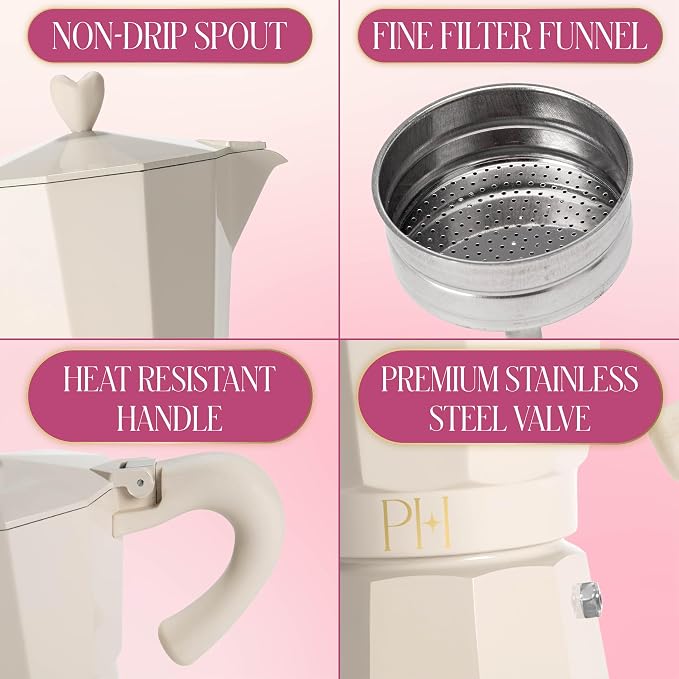 Paris Hilton Stovetop Espresso and Coffee Maker, Italian & Cuban Style Coffee Pot with Iconic Heart Knob, Perfect for Rich Aromatic Espresso, Makes up to 6 Espresso Cups, Cream - Image 4