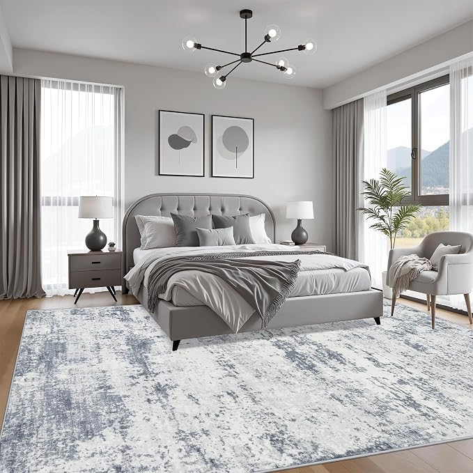 6x9 Area Rug Living Room Rug: Washable Modern Abstract Soft Thin Rug Indoor Floor No Slip Carpet for Bedroom Dining Room Farmhouse Nursery Home Office - Blue Grey - Image 3