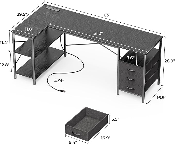 Huuger L Shaped Desk with Power Outlets, 63 Inch Reversible Computer Desk with 3 Drawers and Shelves, Home Office Table for Corner Work Study Writing Gaming, Black - Image 7