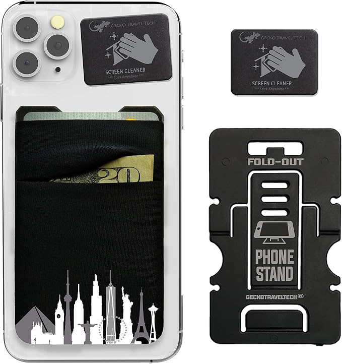 Gecko Travel Tech Double Pocket - Adhesive Card Holder - Cell Phone Pouch - Stick on Spandex Pocket - Carry Credit Cards and Cash (Cityscape) by GeckoTravelTech
