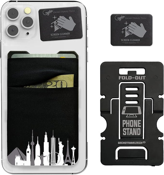 Gecko Travel Tech Double Pocket - Adhesive Card Holder - Cell Phone Pouch - Stick on Spandex Pocket - Carry Credit Cards and Cash (Cityscape) by GeckoTravelTech