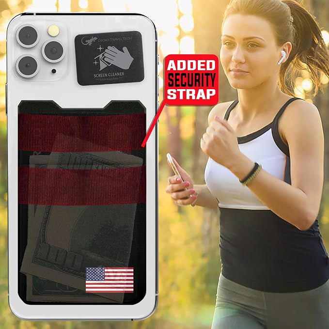 Double Pocket Adhesive Card Holder - Cell Phone Pouch - Stick on Spandex Pocket by Gecko - Carry Credit Cards and Cash - Phone Wallet – (USA FLAG) - Image 4