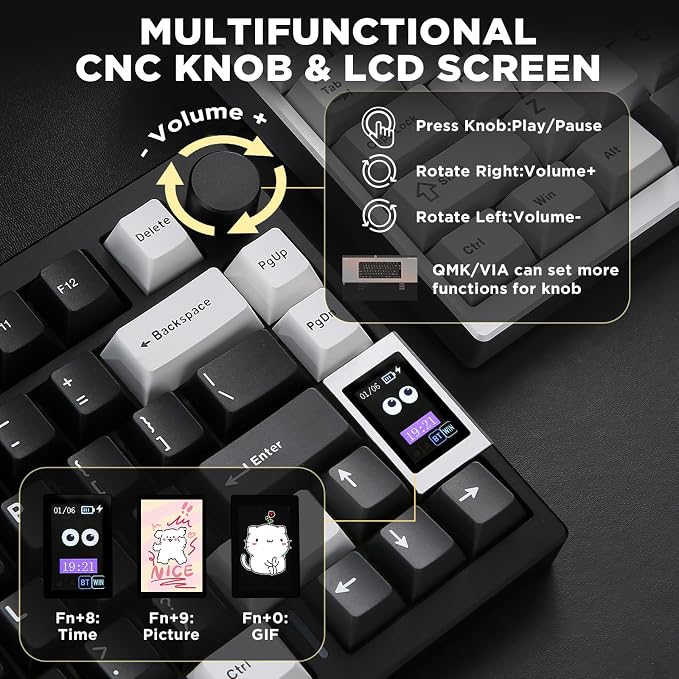YUNZII AL80 75% Wireless Aluminum Mechanical Keyboard(Black, Cocoa Cream) | QMK/VIA, Smart LCD Display and Knob, Hot Swap, Gasket Structure, BT/2.4G/USB-C, RGB Keyboard for Gaming/Win/Mac - Image 7