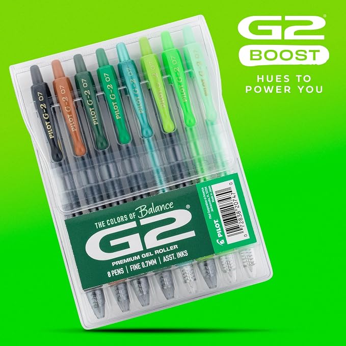 Pilot G2 Premium Gel Roller Pens, G2 Boost Green Pens Pack, The Colors of Balance, 8 Pack Pouch, Fine Point 0.7 mm, Assorted - Image 2