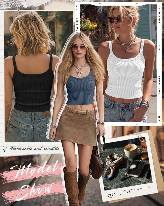 Ficerd 3 Pack Women's Tank Tops 95% Cotton Spaghetti Strap Ribbed Crop Camisole Slim Fitted Basic Summer Sleeveless Layer - Image 3