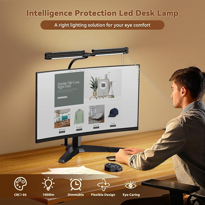 Pzloz Led Desk Lamps for Home Office - Eye Caring Architect Lamp with Clamp, Double Head Computer Monitor Work Desk Light with Remote Control: 24W Flexible Dimmable Desktop Table Lamp - Image 3