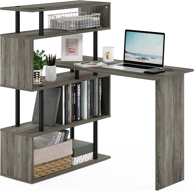 Furinno Classic L Shape Computer Desk, Gaming Desk, Office Desk with 5-Tier Shelves, 40" Wide, for Home Office, Study, Gaming, Grey Oak by Furinno-FitsYourSpaceFitsYourBudget