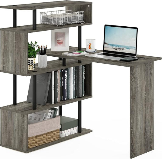 Furinno Classic L Shape Computer Desk, Gaming Desk, Office Desk with 5-Tier Shelves, 40" Wide, for Home Office, Study, Gaming, Grey Oak by Furinno-FitsYourSpaceFitsYourBudget
