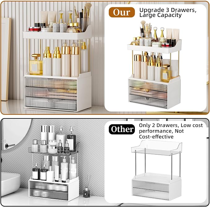 StorBin Arcylic 5-Tier Makeup & Skincare Organizer for Vanity, Bath, 2 Sets | Smooth 3 drawers, clear body, gold frame, non-slip, for perfumes, serums, face masks, palettes, vanity & bath counter,Clear - Image 6
