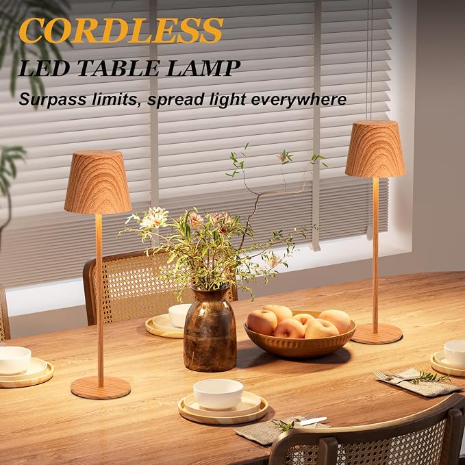 Kakanuo Wood Grain Cordless Table Lamp Rechargeable - 2 Pack 5000mAH Battery Operated Lamp for Counter, 3 Color Stepless Dimming Wireless Lamp for Dining Kitchen, Outdoor Patio, Touch Control - Image 3