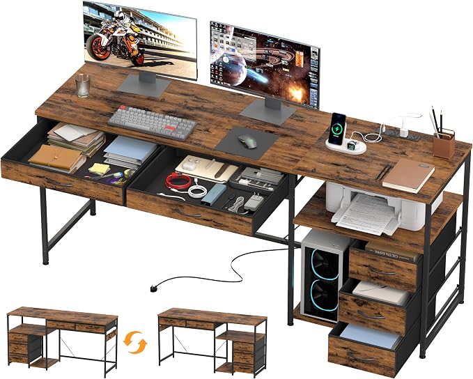 YOSHOOT 60" Computer Desk with 5 Fabric Drawers, Gaming Desk Table | Desk with Storage and Power Outlets, for Adults and Teenagers Working Writing Study, Rustic Brown by YOSHOOT