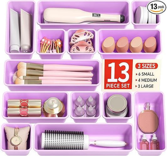 Canfanni 13 Pack Plastic Drawer Organizers Set, 3 Sizes Desk Drawer Organizer Trays for Vanity and Makeup Organizer, Organization and Storage for Makeup, Kitchen Utensils, Bathroom and Office(Purple) by Canfanni