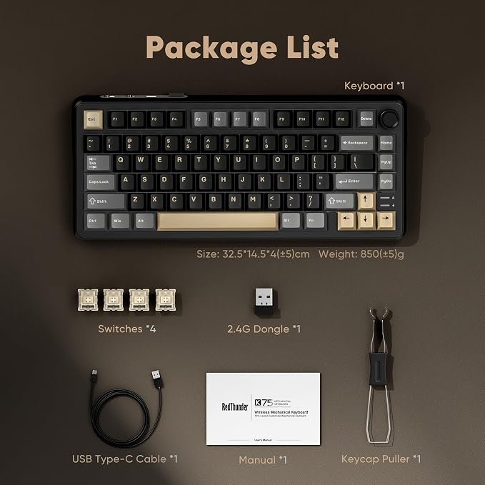 RedThunder K75 Wireless Mechanical Keyboard, CNC Knob, Tri-Mode BT5.0/2.4GHz/USB-C Hot Swappable Custom, Pre-lubed Linear Coconut Switches, Gasket Structure, RGB Gaming Keyboard, Black-Gold - Image 8