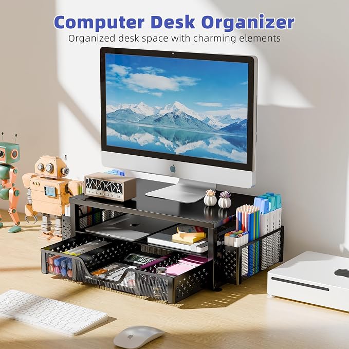 Simple Trending 2-Tier Monitor Stand Riser, Drawer & 2 Pen Holders, Black | Sturdy Material, Anti‑Slip Pads, Ergonomic Support, Space Saving, Easy Setup - Image 8
