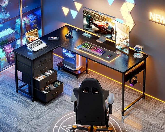 AODK 53" L Shaped Gaming Desk with 4 Drawers and Power Outlets, Black | USB Ports, PC Tower Stand, Hooks, Reversible Corner Layout for Gaming Rooms, Bedrooms and Home Office - Image 8