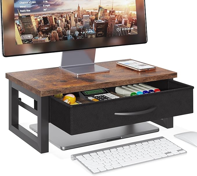 Computer Monitor Stand Riser with Drawer, 2-Tier Desk Accessories & Workspace Organizers, Laptop Stand for Desk with Storage, Office Organization, Wood by Unknown