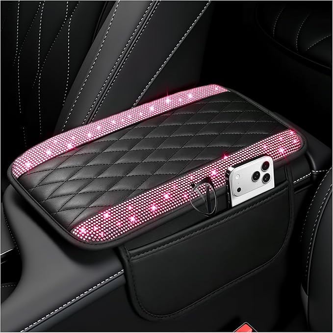 Stacool Upgraded Car Center Console Cover with Rhinestones,Microfiber Leather Car Armrest Cover Cushion with 2 Storage Bags,Universal Cars Armrest Storage Box as Cars Interior Accessories by Unknown