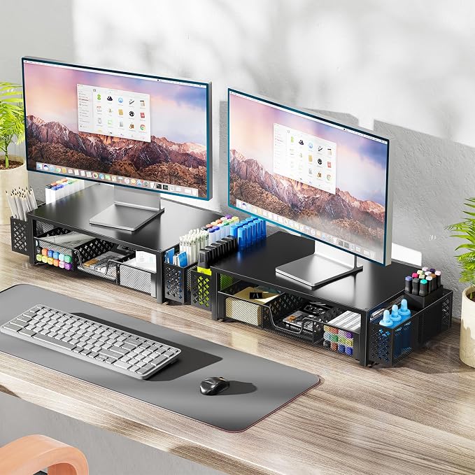 Simple Trending Metal Monitor Stand Riser, Drawer & 2 Pen Holders, Black | 2-in-1 Desk Organizer & Monitor Stand | Sturdy Metal | Ergonomic Support | Space Saving | Easy Setup - Image 2