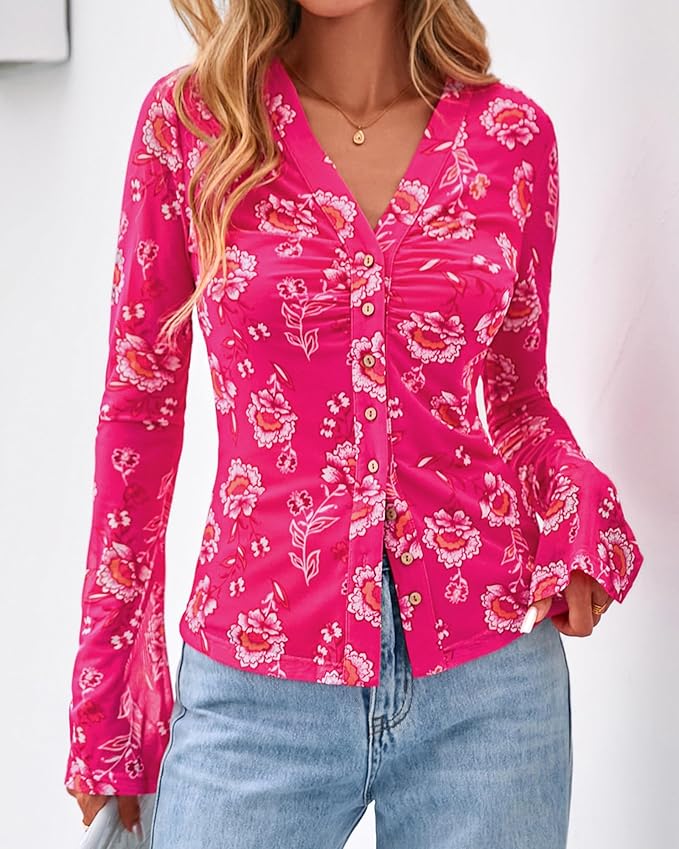 BTFBM Button Down Shirts for Women 2026 Fall Boho Tops V Neck Long Sleeve Blouses Ruched Mesh Fitted Fashion Clothing - Image 2