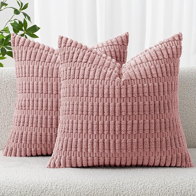 MIULEE Pack of 2 Corduroy Decorative Throw Pillow Covers 18x18 Inch Soft Boho Striped Pillow Covers Modern Farmhouse Home Decor for Sofa Living Room Couch Bed Blush Pink Spring Valentine Decor by MIULEE