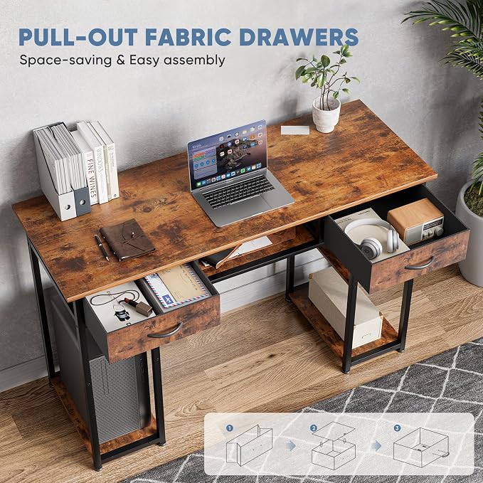 DUMOS 48-Inch Computer Desk with Drawers, Hook and Side Bag, Brown | Home Office Desk for Bedroom, Gaming Writing Study Desk with Adjustable Feet - Image 4