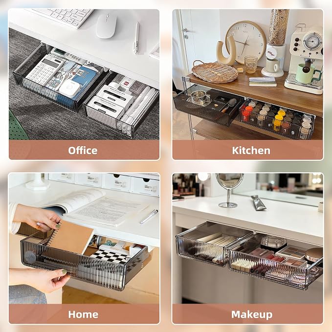 2Pcs Under Desk Storage Drawers Slide Out,Large&Medium, Stick On Desk Drawer Organizer Hidden Under Table Drawer for Home Office School Organization and Storage-Transparent Black - Image 7