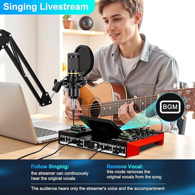 tenlamp Podcast Microphone Bundle with Live Sound Card Audio Mixer, Podcast Equipment Bundle with 3.5mm Boom Mic for Pc/Phone Live Streaming Singing Gaming, Sound Board with Voice Changer, Denoise - Image 6