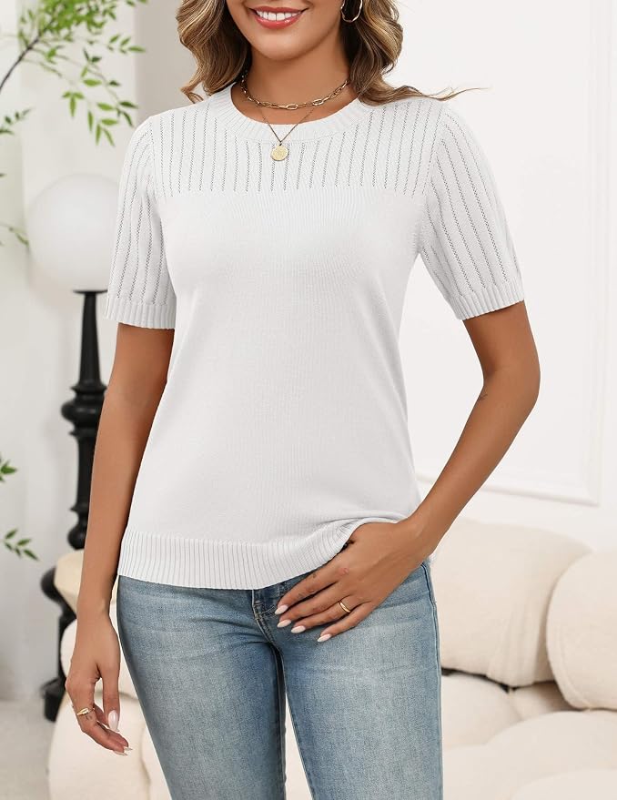 Zeagoo Women's Short Sleeve Sweater Tops 2026 Spring Summer Crew Neck Hollow Out Blouses Dressy Business Casual Outfits - Image 2