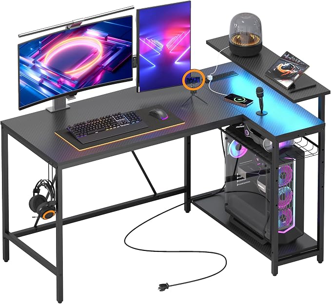 Bestier 52-Inch L-Shaped Gaming Desk with Charging & LED, Black | Charging 3AC+2USB, RGB LED 20 Colors/22 Modes, Reversible Shelves, Carbon Fiber Texture, Headphone Hook, 52 in by Bestier