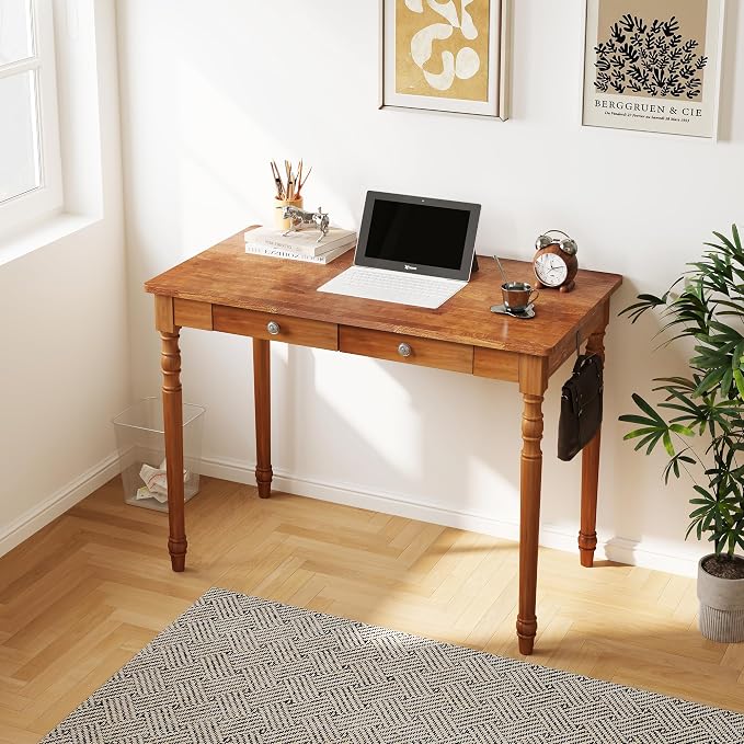 Solid Wood Writing Desk with Drawers - 39.4" Small Wood Vintage Desk, Mid Century Modern Desks, Wooden Computer Desks for Home Office, Traditional Vanity Dressing Table for Bedroom, Walnut by Love-KNPTUS