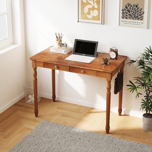 Solid Wood Writing Desk with Drawers - 39.4" Small Wood Vintage Desk, Mid Century Modern Desks, Wooden Computer Desks for Home Office, Traditional Vanity Dressing Table for Bedroom, Walnut by Love-KNPTUS