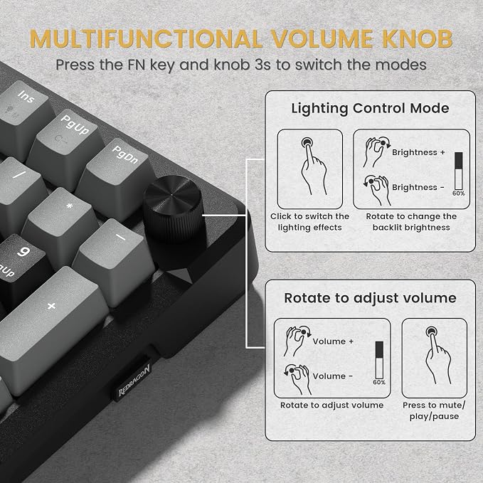 Redragon K742 Wireless Mechanical Gaming Keyboard with Knob for PC Computer | Bluetooth 5.0/2.4GHz/USB C Wireless Creamy Keyboard with Number Pad, RGB Backlits, Hot-Swappable with Linear Switches (Black) - Image 8
