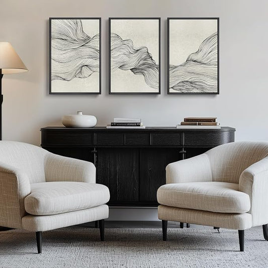 Framed Black and Beige Abstract Wall Art, 3 Piece Modern Canvas Prints Paintings Artwork for Walls, Minimalist Abstract Line Pictures for Living Room Dining Room Bedroom Office Wall Decor 16x24 In by Cuspin
