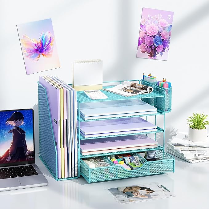 gianotter 5-Tier Desk Organizer with Drawers and File Holders | Letter Trays and Pen Holders - Workspace Accessories for Office Supplies (Blue) - Image 6
