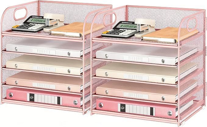 Lavatino Desk Paper Organizer with Handle, 2 Pack 5-Tier Pink Mesh Desk File Folder Holder Letter Tray Sorter Organizer for Office, Home or School by Lavatino